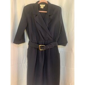 Vtg. NEW LOOKS CALIFORNIA Dark‎ Navy Belted DRESS Women's Size 12